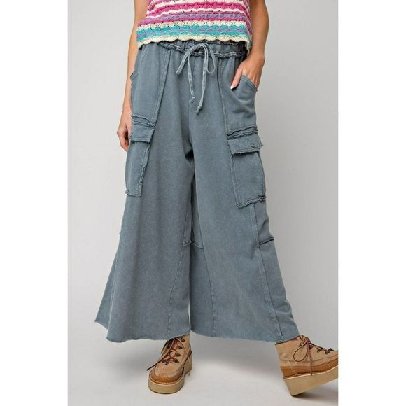 easel Pants - Easel Netflix and Chill Mineral Washed Wide Leg Cargo Pants Faded Navy eb40795